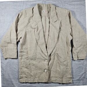 Vintage Liz Claiborne 100% Linen Blazer Beige Khaki Jacket Womens 10 Made in USA